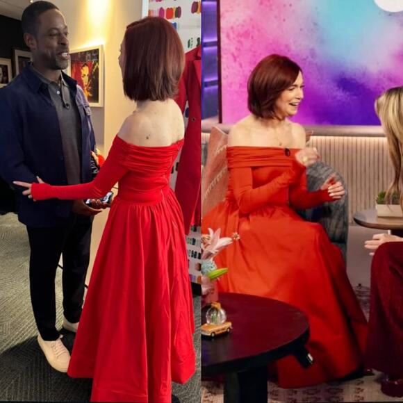 Alice + Olivia Chara Flared Midi Dress Off the Shoulder Bright Ruby Red 4 - Picture 12 of 16